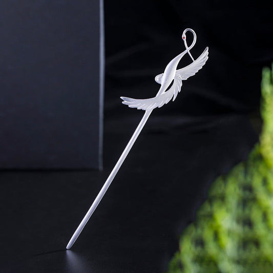 Flying Crane Frosted Hairpin - Sterling Silver