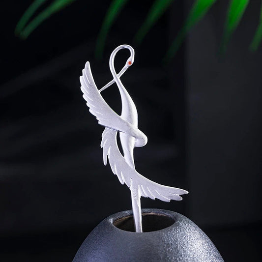 Flying Crane Frosted Hairpin - Sterling Silver