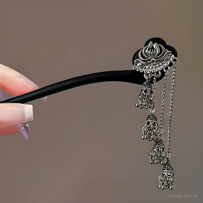 Silver Lotus Tassel Hairpin – Vintage Floral Hair Stick with Long Dangles