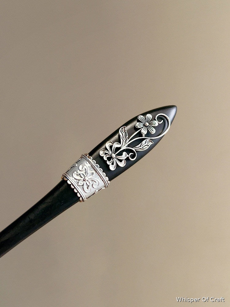 Black Floral Hair Stick with Silver Filigree – Elegant Vintage Hair Pin