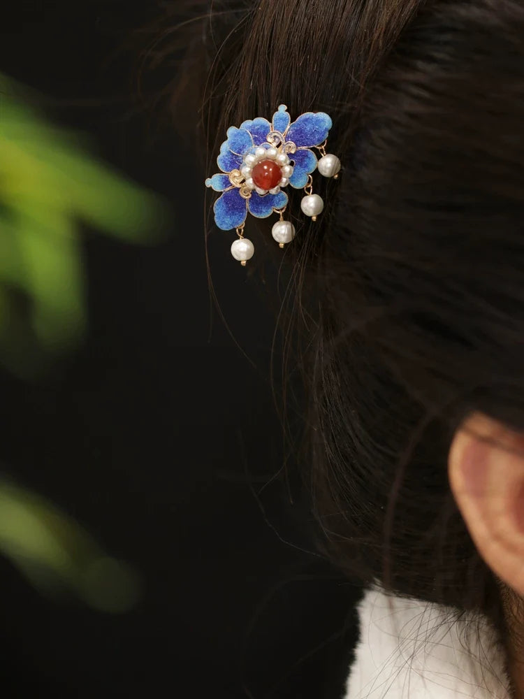 Vintage Chinese Blue Sand Hairpin – Elegant Traditional Costume Hair Accessory