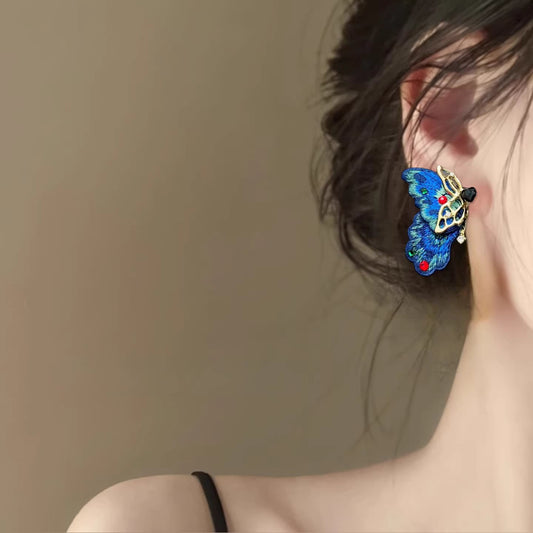 Misty Butterfly Embroidered Earrings – Handmade Blue Chinese Style Studs for Hanfu & Qipao