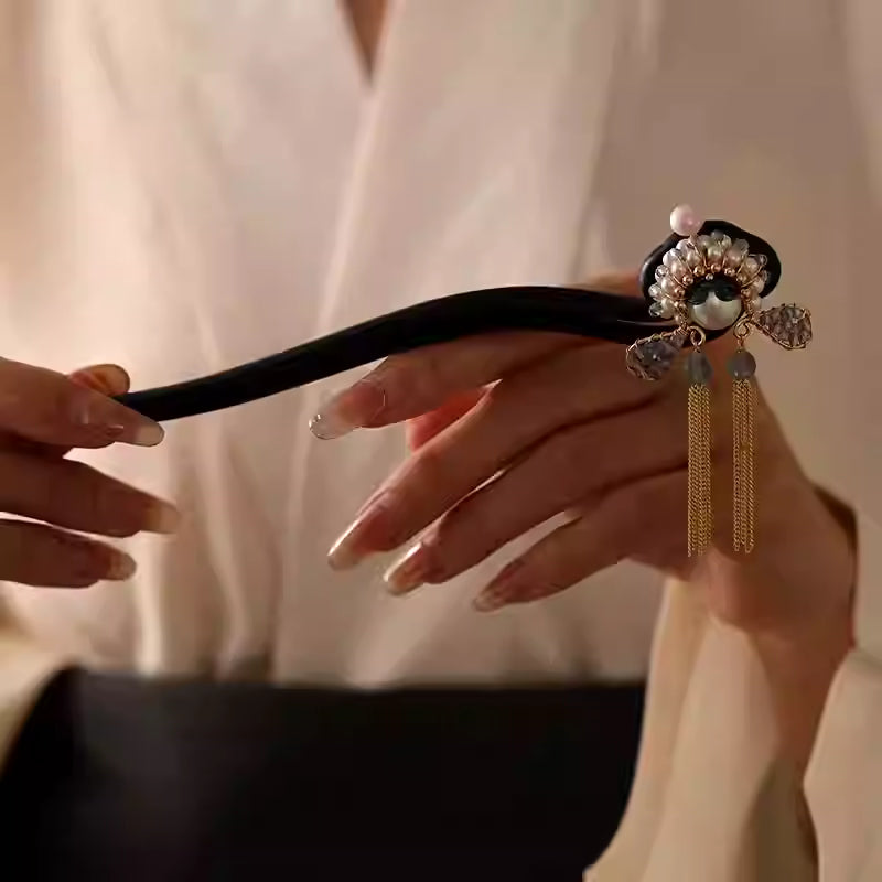 Daomadan Peking Opera Blackwood Tassel Hairpin – Traditional Chinese Fine Craft Hair Accessory with Pearl Accents