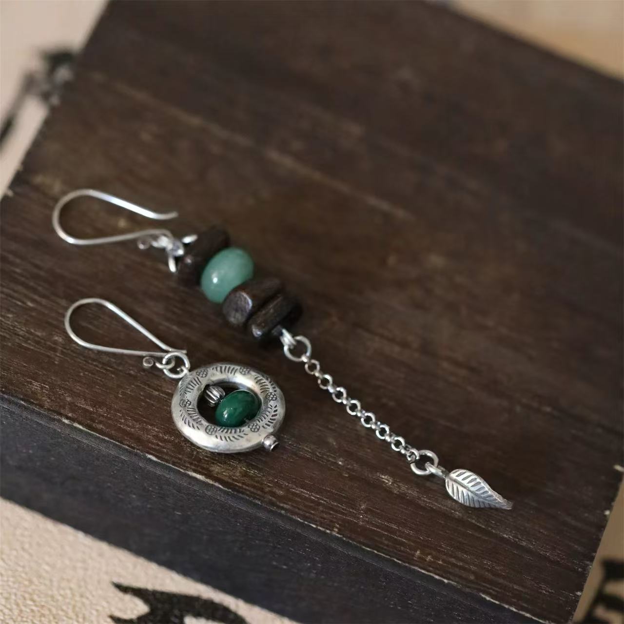 Asymmetrical Agarwood & Green Stone Leaf Drop Earrings