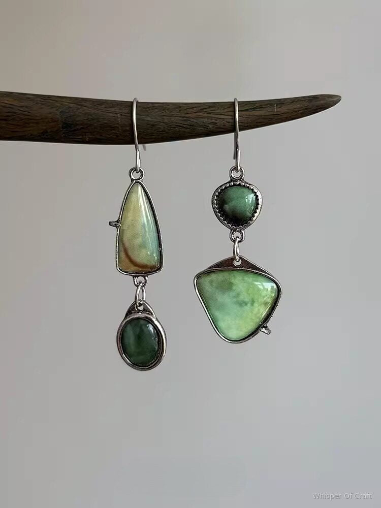 Green Natural Stone Asymmetrical Drop Earrings – Silver-Tone Statement Jewelry