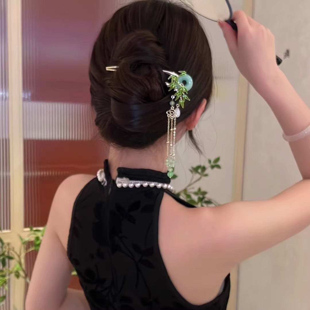 Ping An Kou Green Bamboo Leaf 3 Gourd tassel  U-shaped Hairpin - Lucky