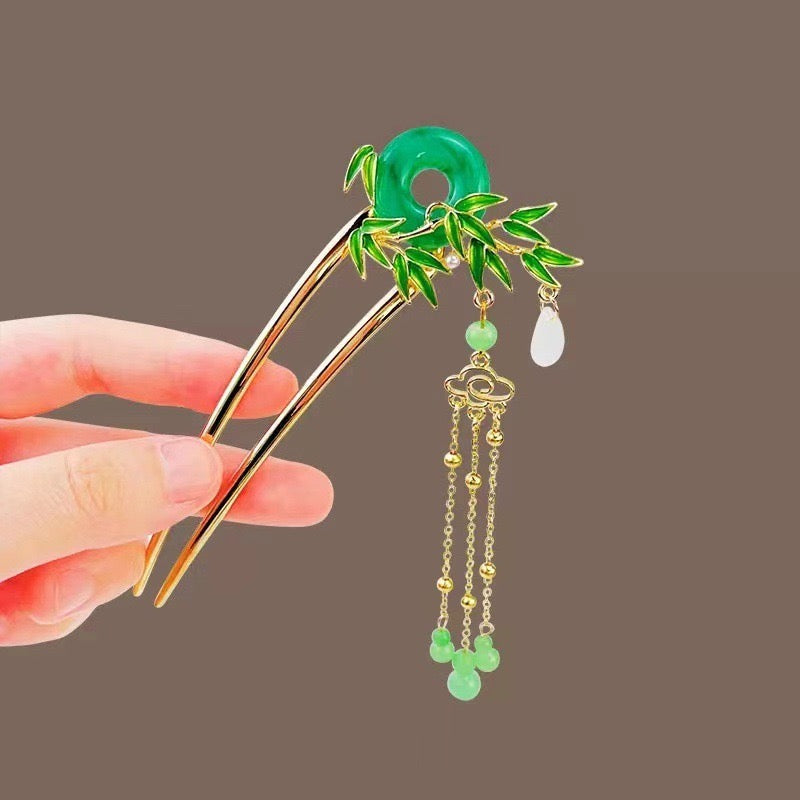 Ping An Kou Green Bamboo Leaf 3 Gourd tassel  U-shaped Hairpin - Lucky