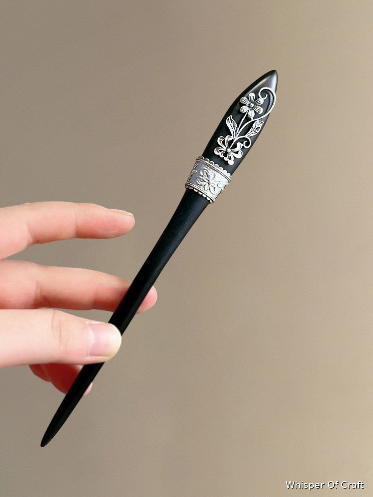 Black Floral Hair Stick with Silver Filigree – Elegant Vintage Hair Pin