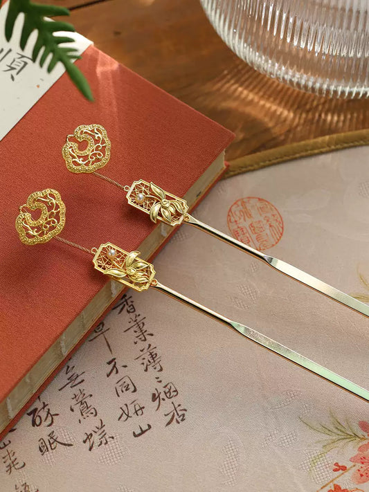 Elegant Pearl Copper Hairpin | Long Bun Hair Stick in New Chinese Style Design