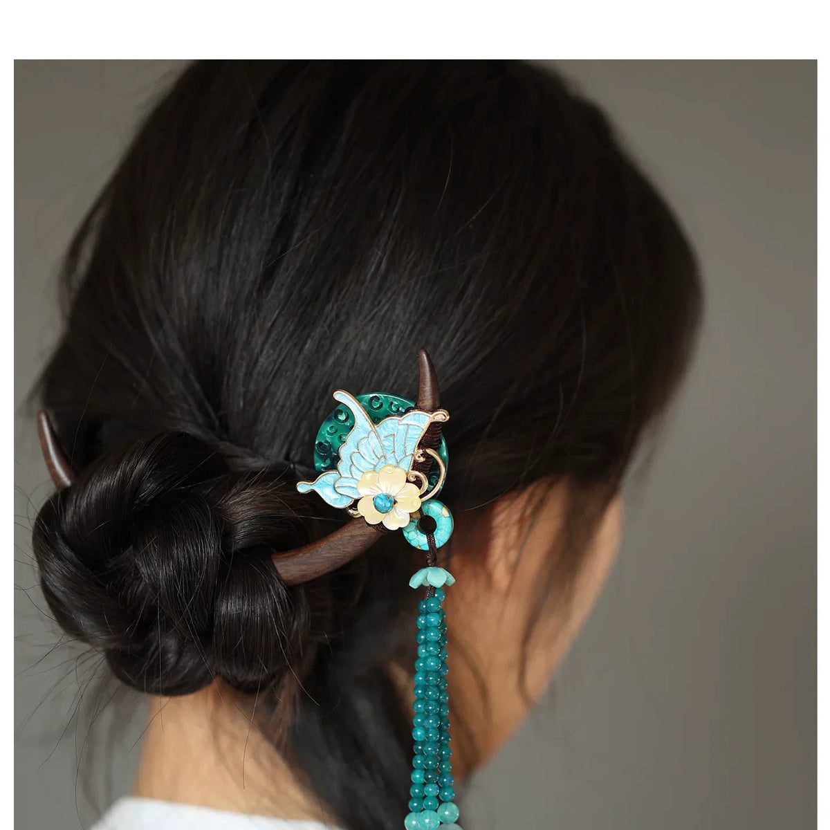 Crescent Moon Butterfly Ebony Hairpin – New Chinese Style Blue Shell Tassel Hair Stick