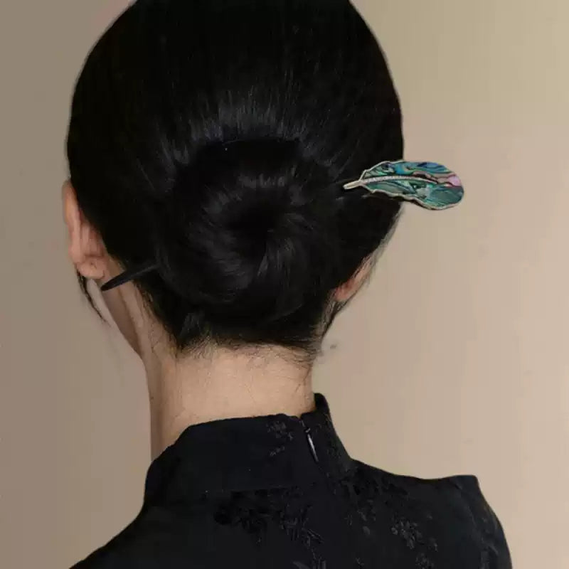 Elegant Chinese Ebony Wood Hair Pin with Lake Green Shell Fan Design for Women