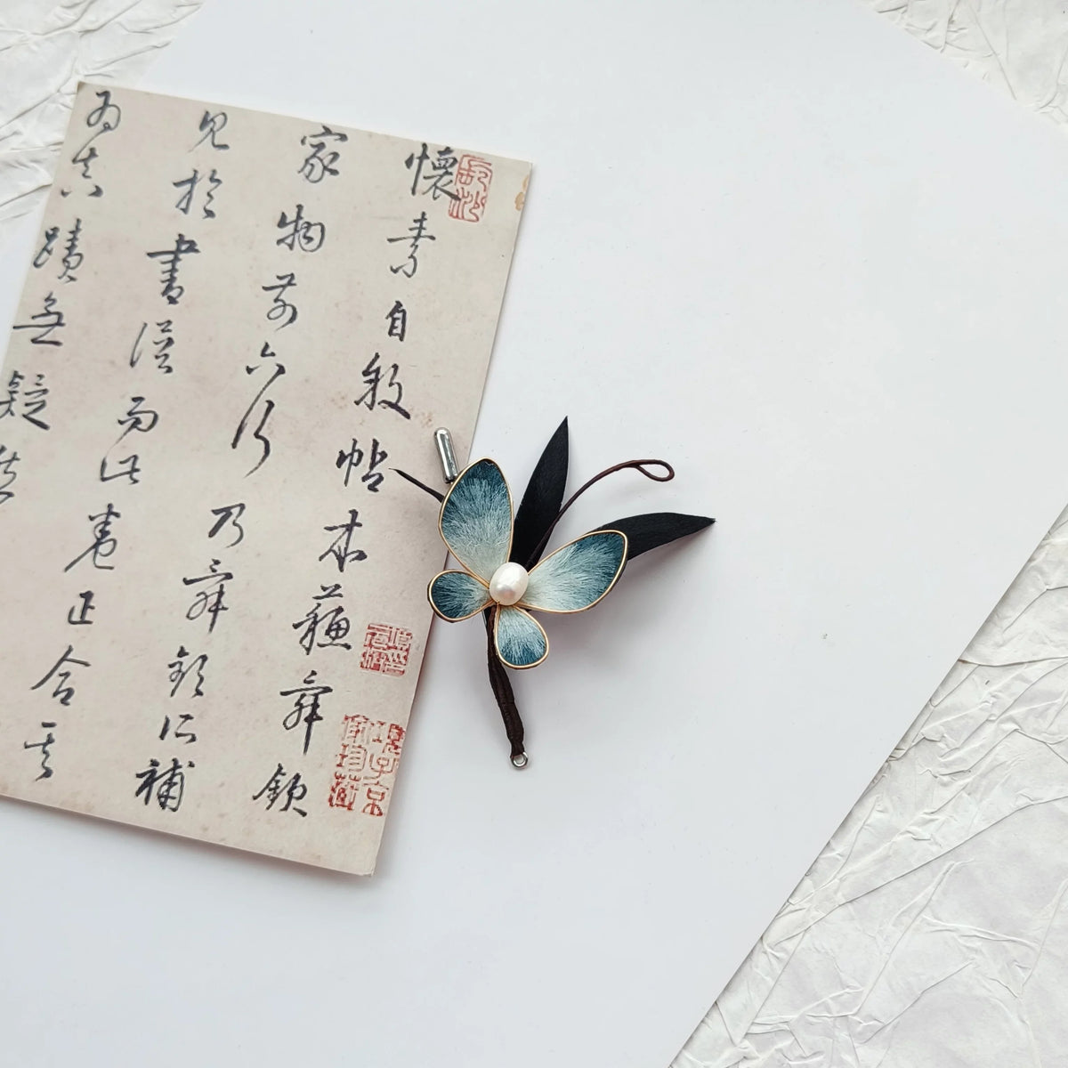 Twin Feathers Velvet Butterfly Brooch | Handmade Elegant Chinese Style Accessory