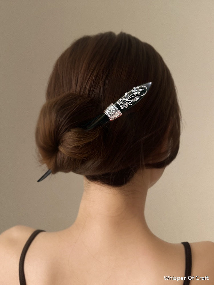 Black Floral Hair Stick with Silver Filigree – Elegant Vintage Hair Pin