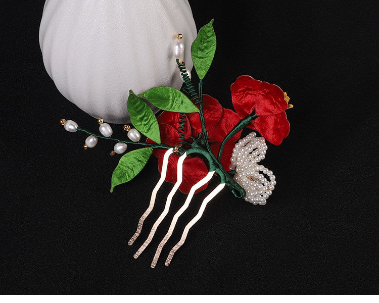 Handcrafted Intangible Heritage Silk‑Wrapped Camellia Hair Comb | Pearl Tassel Chinese Hanfu Qipao Wedding Hair Accessory