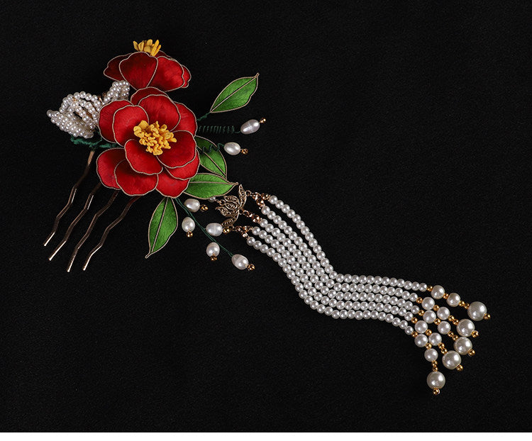 Handcrafted Intangible Heritage Silk‑Wrapped Camellia Hair Comb | Pearl Tassel Chinese Hanfu Qipao Wedding Hair Accessory