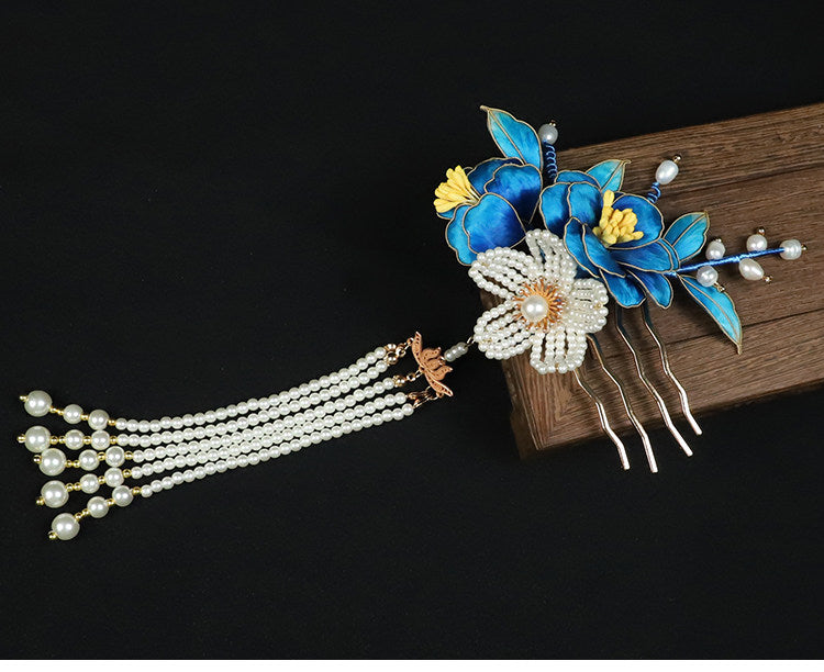Handcrafted Intangible Heritage Silk‑Wrapped Camellia Hair Comb | Pearl Tassel Chinese Hanfu Qipao Wedding Hair Accessory