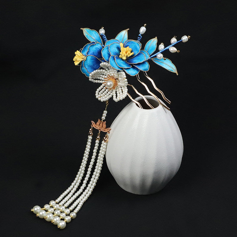 Handcrafted Intangible Heritage Silk‑Wrapped Camellia Hair Comb | Pearl Tassel Chinese Hanfu Qipao Wedding Hair Accessory