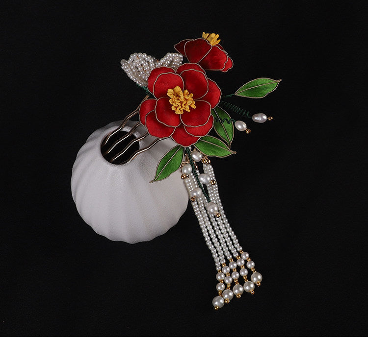 Handcrafted Intangible Heritage Silk‑Wrapped Camellia Hair Comb | Pearl Tassel Chinese Hanfu Qipao Wedding Hair Accessory