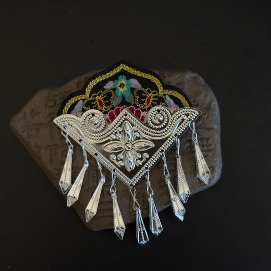 Handcrafted Miao Silver & Embroidered Hair Clip - Ethnic Chinese Traditional Jewelry