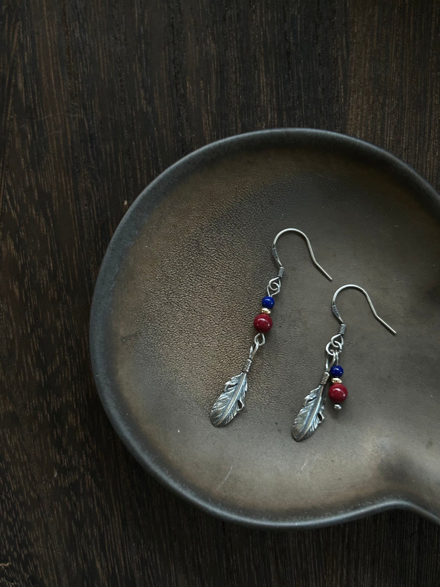 S925 Asymmetrical Feather Drop Earrings with Green Stone