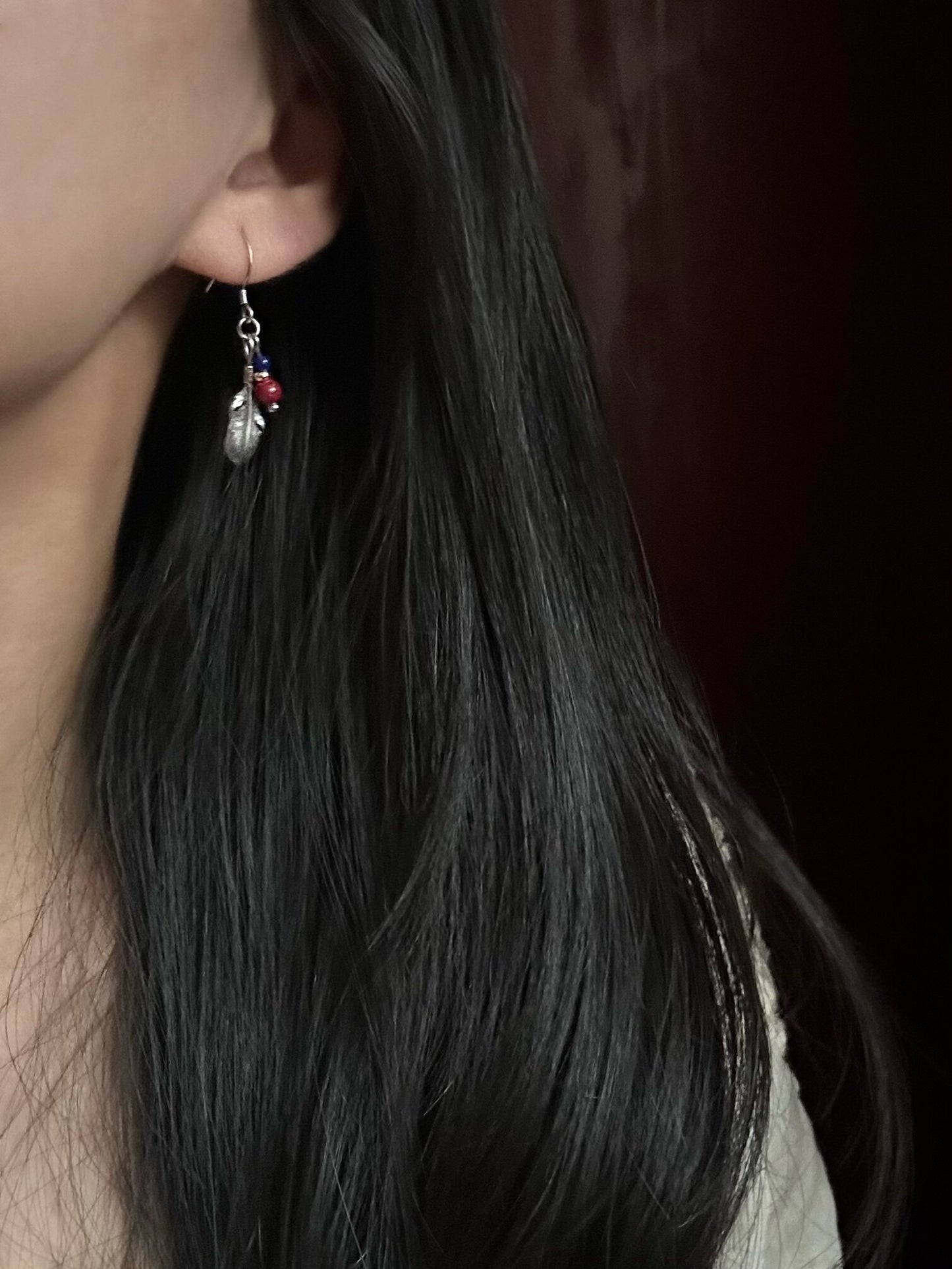 S925 Asymmetrical Feather Drop Earrings with Green Stone