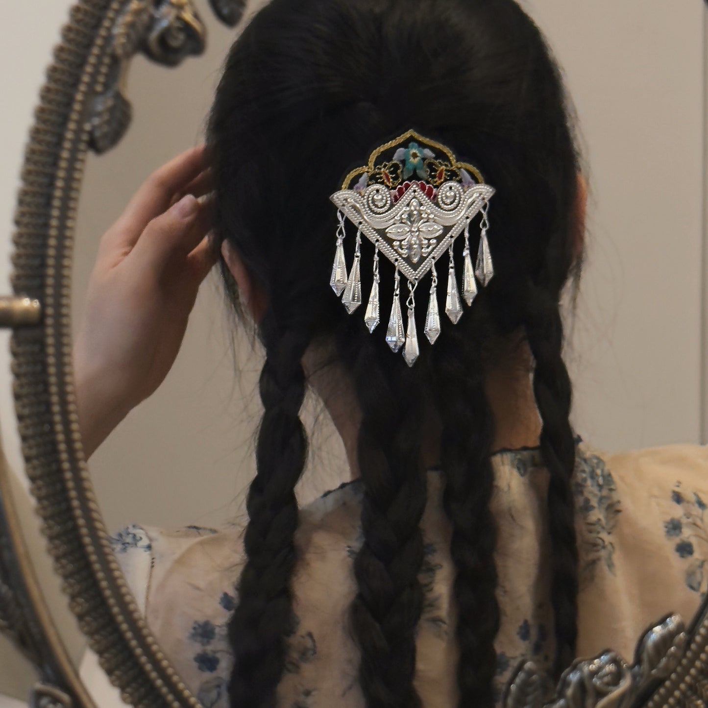Handcrafted Miao Silver & Embroidered Hair Clip - Ethnic Chinese Traditional Jewelry