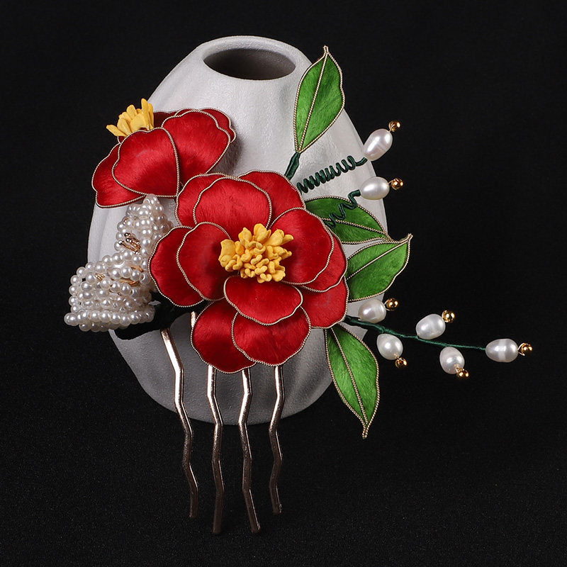 Handcrafted Intangible Heritage Silk‑Wrapped Camellia Hair Comb | Pearl Tassel Chinese Hanfu Qipao Wedding Hair Accessory