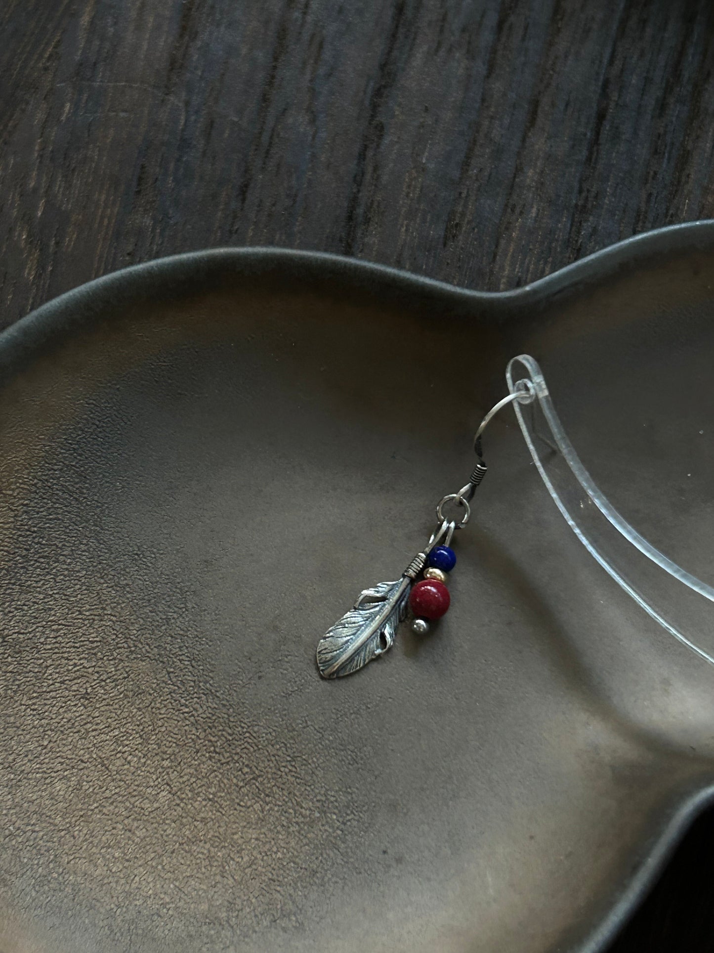 S925 Asymmetrical Feather Drop Earrings with Green Stone