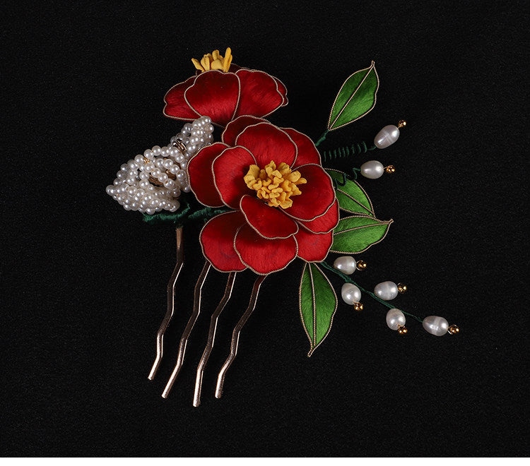 Handcrafted Intangible Heritage Silk‑Wrapped Camellia Hair Comb | Pearl Tassel Chinese Hanfu Qipao Wedding Hair Accessory