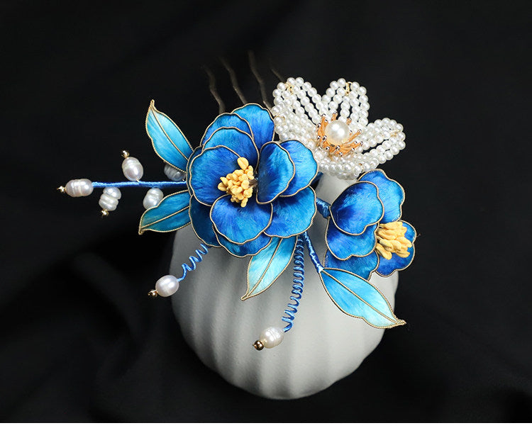 Handcrafted Intangible Heritage Silk‑Wrapped Camellia Hair Comb | Pearl Tassel Chinese Hanfu Qipao Wedding Hair Accessory