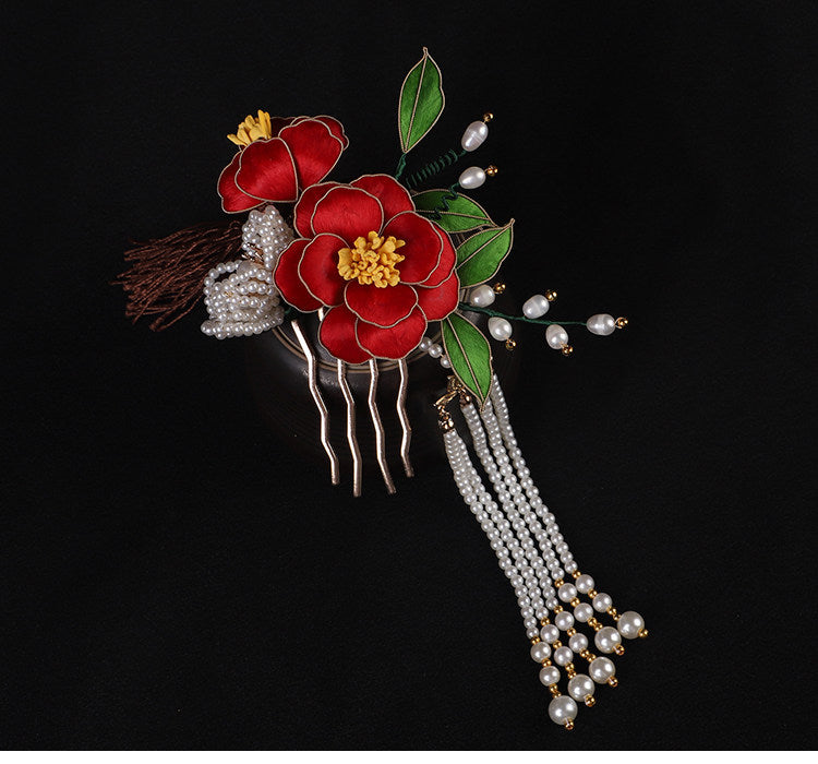Handcrafted Intangible Heritage Silk‑Wrapped Camellia Hair Comb | Pearl Tassel Chinese Hanfu Qipao Wedding Hair Accessory