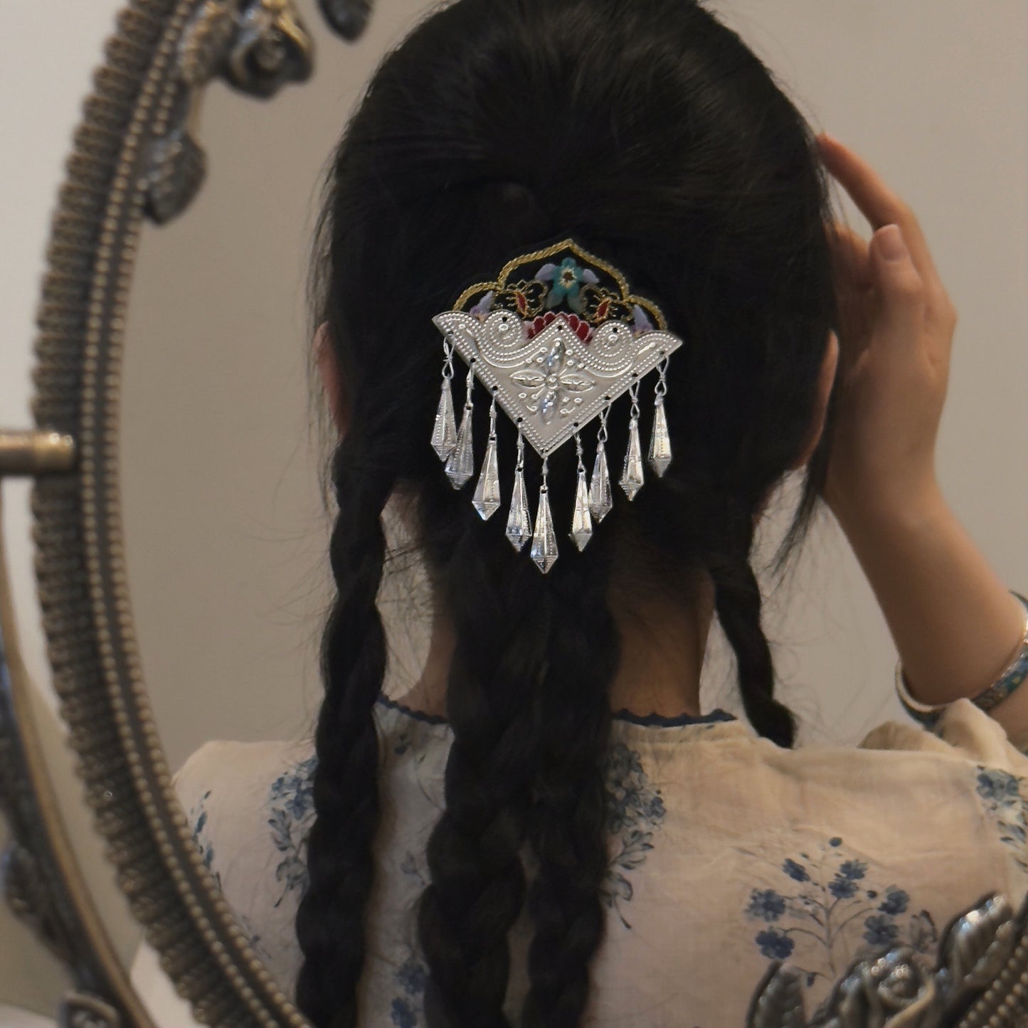 Handcrafted Miao Silver & Embroidered Hair Clip - Ethnic Chinese Traditional Jewelry
