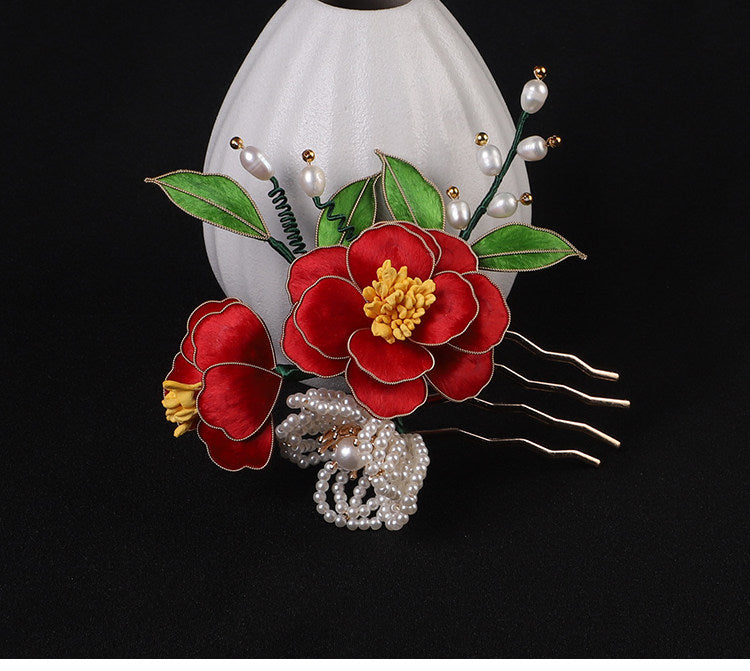 Handcrafted Intangible Heritage Silk‑Wrapped Camellia Hair Comb | Pearl Tassel Chinese Hanfu Qipao Wedding Hair Accessory