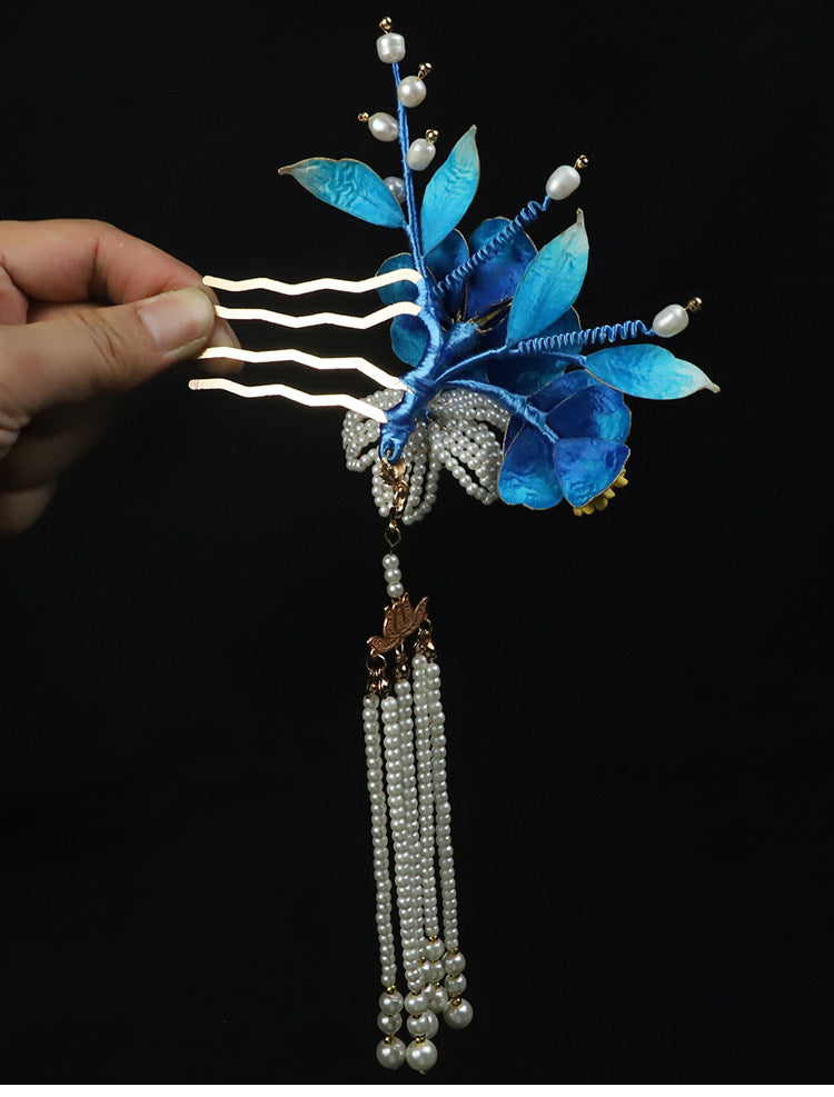 Handcrafted Intangible Heritage Silk‑Wrapped Camellia Hair Comb | Pearl Tassel Chinese Hanfu Qipao Wedding Hair Accessory