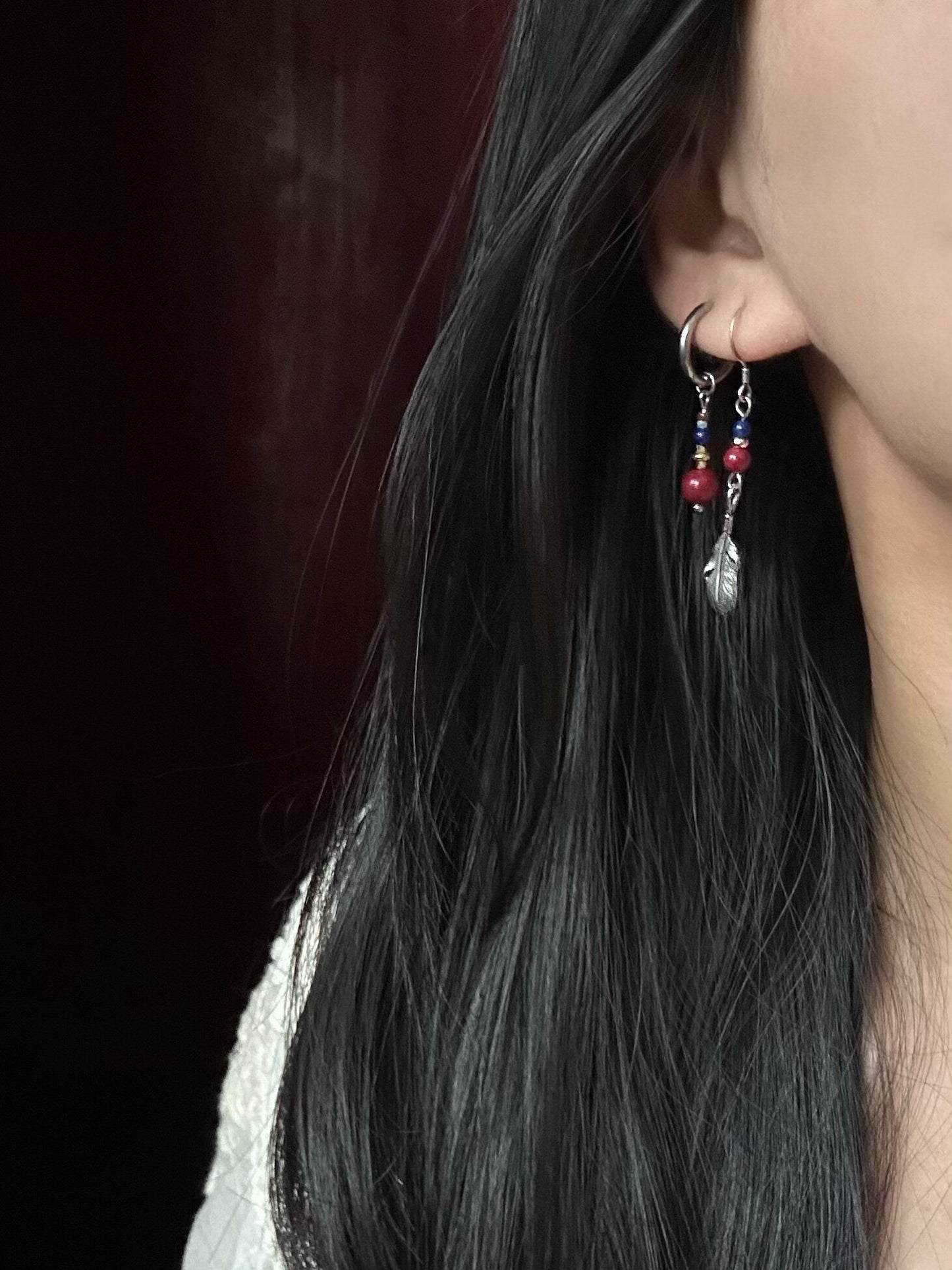 S925 Asymmetrical Feather Drop Earrings with Green Stone