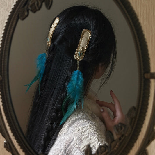 Bohemian Turquoise Feather Hair Clips | Vintage Ethnic Boho Gypsy Hair Accessories