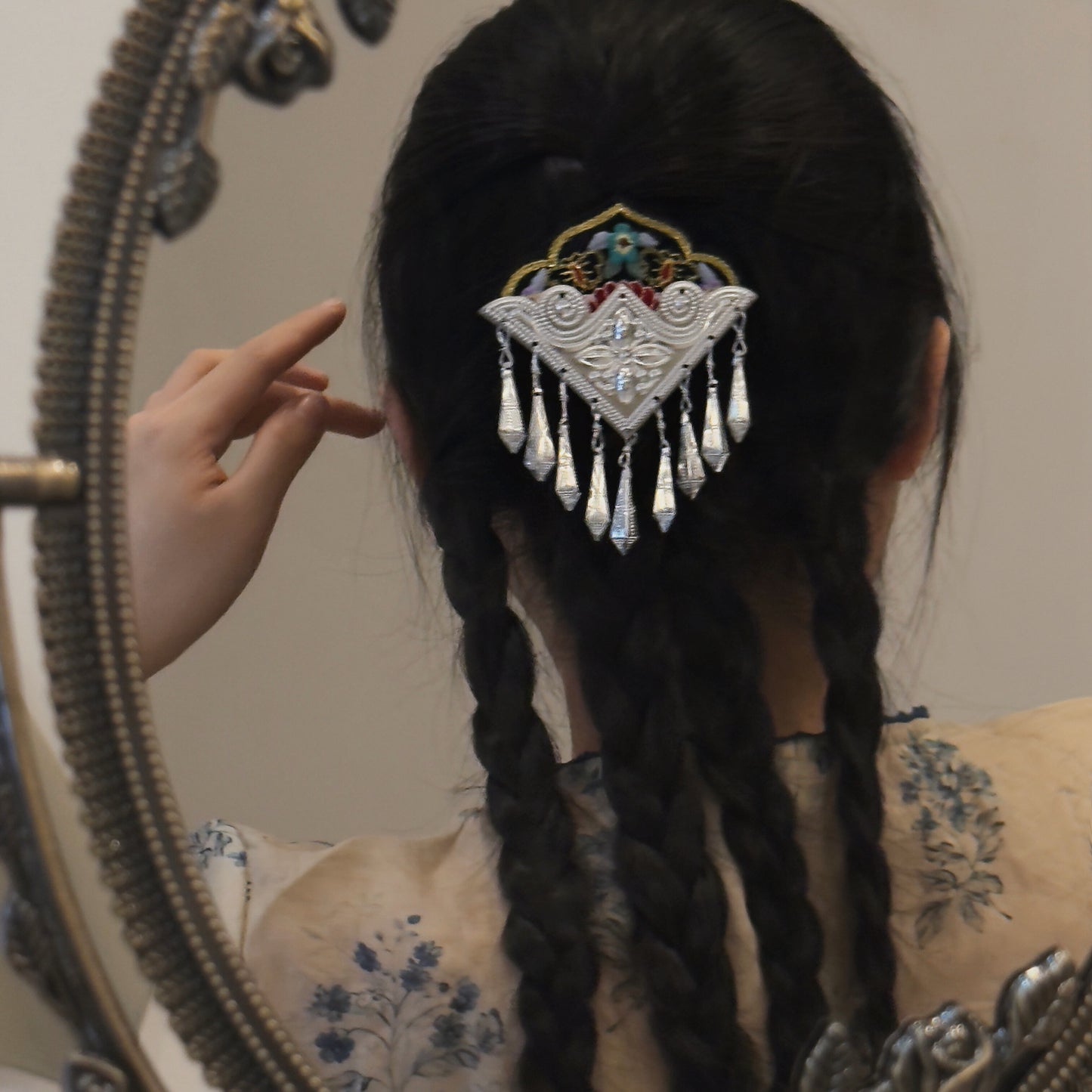 Handcrafted Miao Silver & Embroidered Hair Clip - Ethnic Chinese Traditional Jewelry