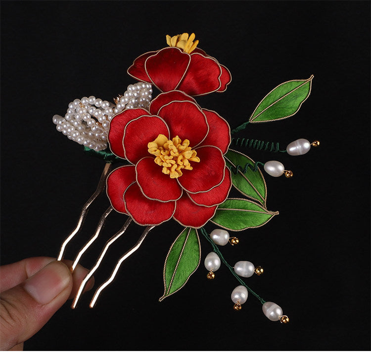 Handcrafted Intangible Heritage Silk‑Wrapped Camellia Hair Comb | Pearl Tassel Chinese Hanfu Qipao Wedding Hair Accessory