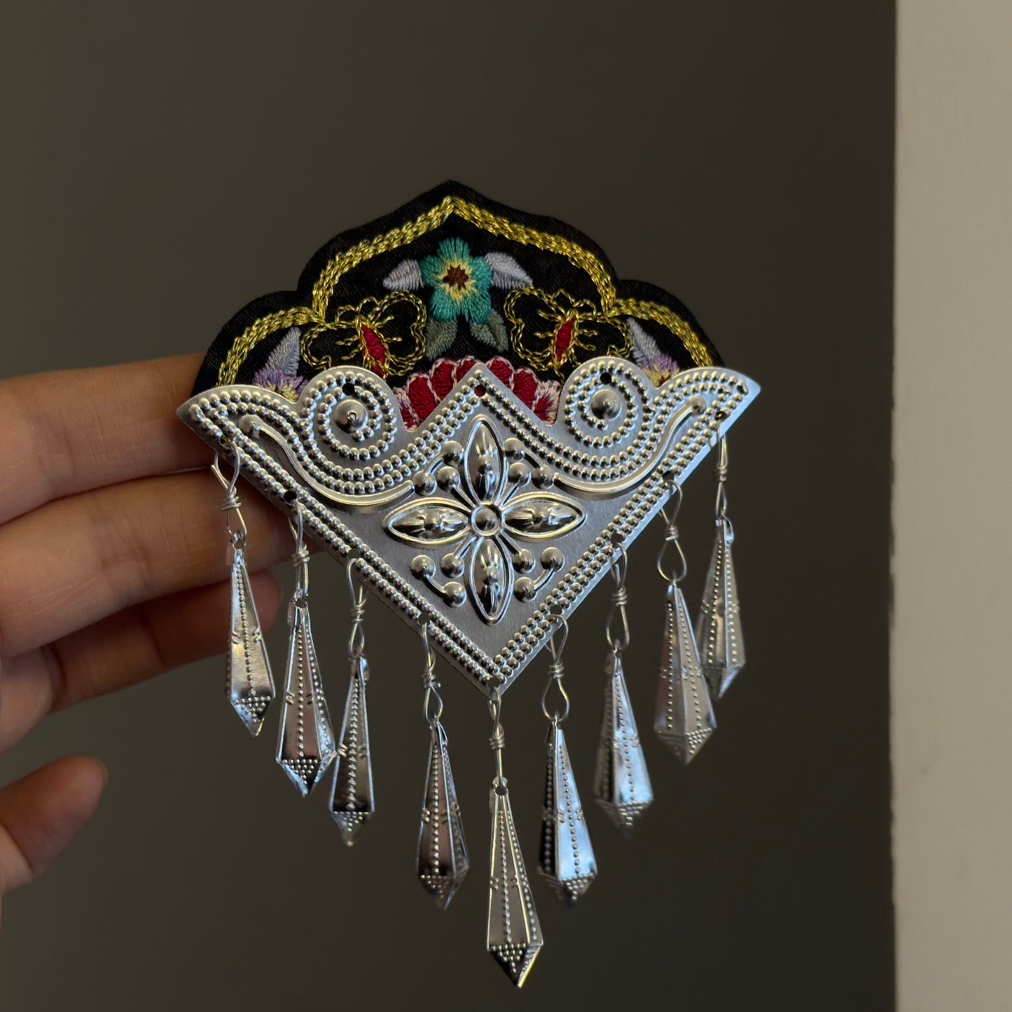 Handcrafted Miao Silver & Embroidered Hair Clip - Ethnic Chinese Traditional Jewelry