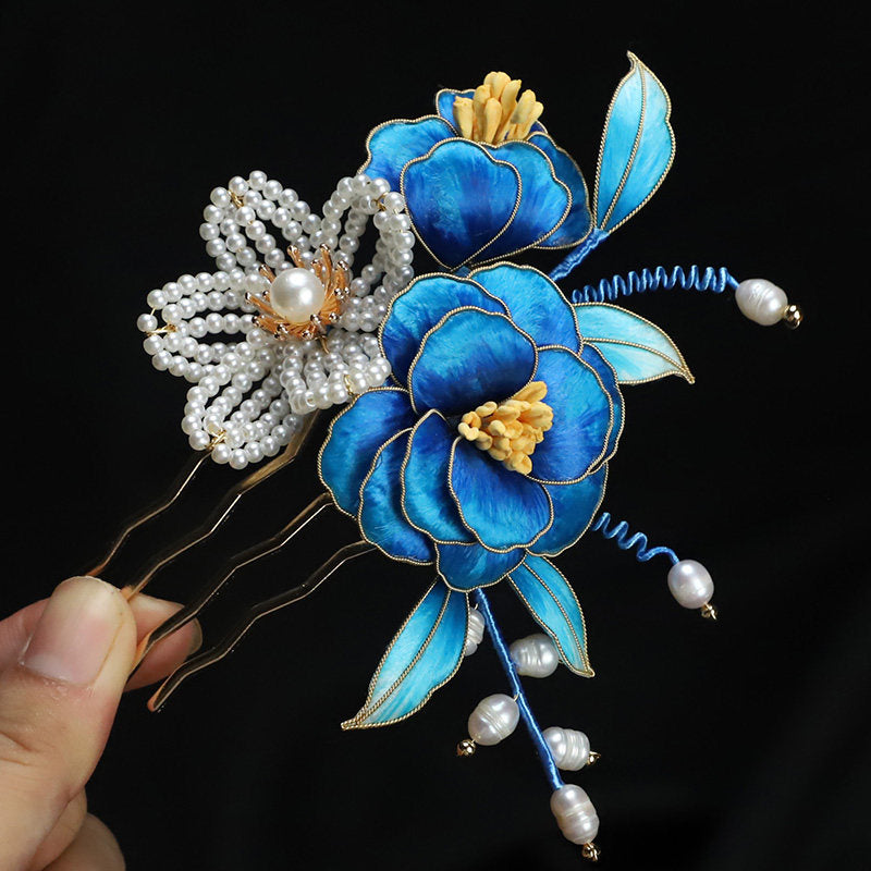 Handcrafted Intangible Heritage Silk‑Wrapped Camellia Hair Comb | Pearl Tassel Chinese Hanfu Qipao Wedding Hair Accessory