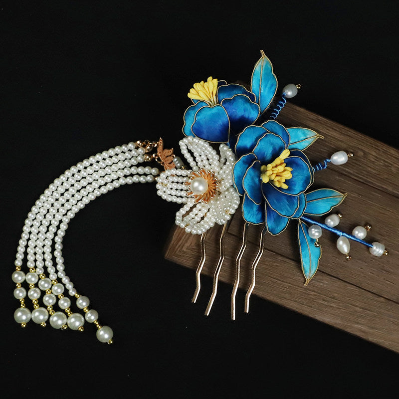 Handcrafted Intangible Heritage Silk‑Wrapped Camellia Hair Comb | Pearl Tassel Chinese Hanfu Qipao Wedding Hair Accessory