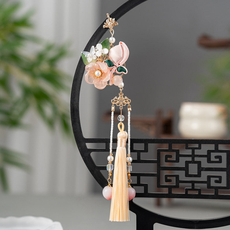 peach blossom Hanfu brooch with tassel detail