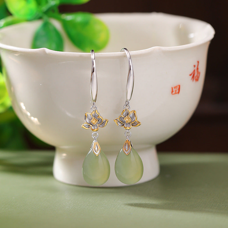 Lotus flower hook drops earrings, front view