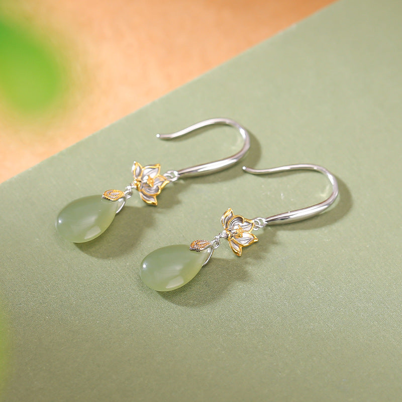 Lotus flower hook drops earrings, side profile