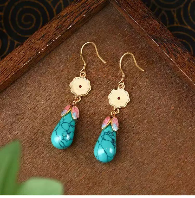 Ancient Gold Enamel Turquoise Earrings – Elegant Hanfu & Qipao Accessories