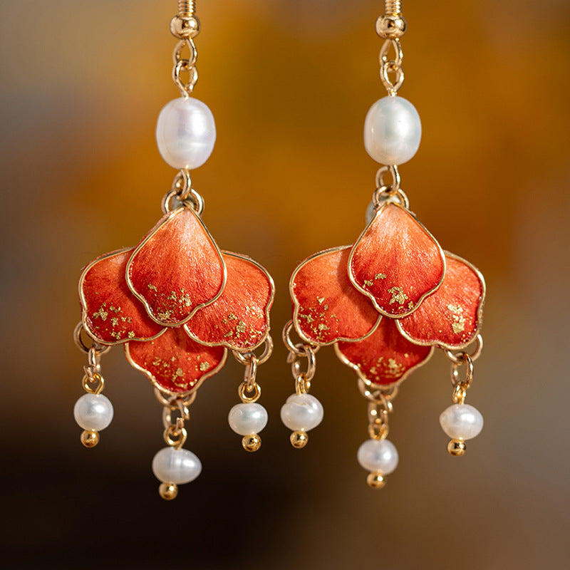 Silk flower statement drops earrings, worn styling view