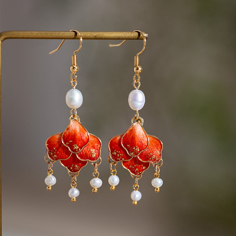 Silk flower statement drops earrings, front view