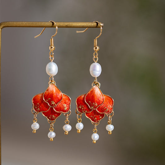 Silk flower statement drops earrings, front view