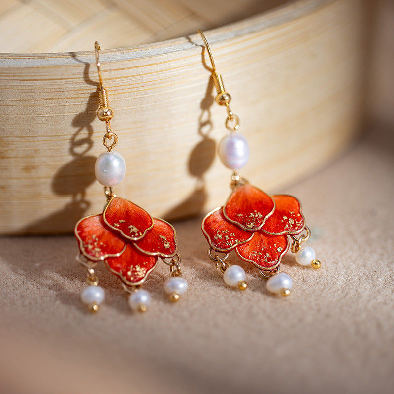 Silk flower statement drops earrings, close detail