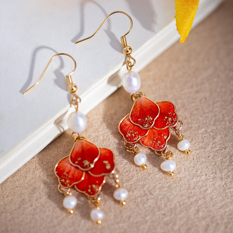 Silk flower statement drops earrings, side profile